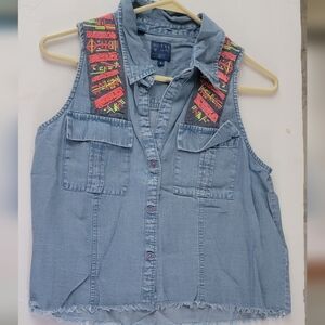 Guess Light Blue Sleeveless Denim ShortShirt with Embroidery/sequins